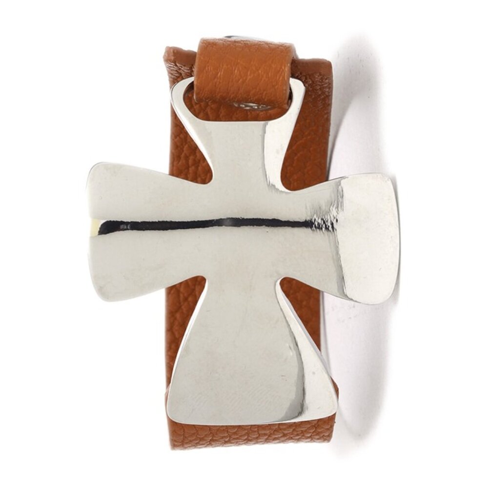 BOLD SILVER CROSS BRACELET ON TAN LEATHER STRAP--CLOSEOUT, BUY NOW!